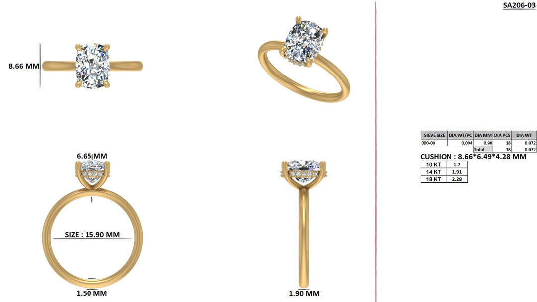 CUSTOM Hidden halo and Elongated Cushion Ring in Yellow Gold