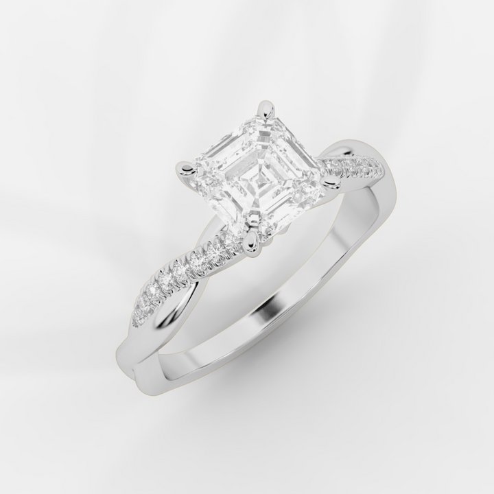 Twist Shank Asscher Diamond Ring in White Gold