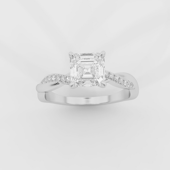 Twist Shank Asscher Diamond Ring in White Gold