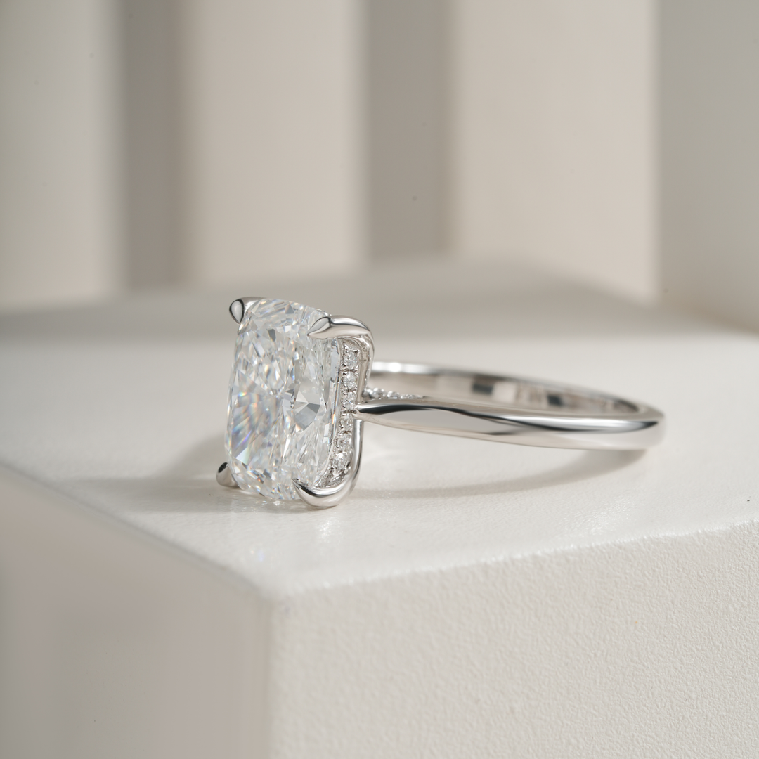 Cushion 3.04CT E VVS2 Mallory Petite Bridge Pave And Hidden Halo Ring