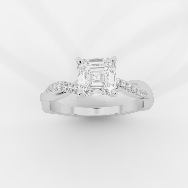 Twist Shank Asscher Diamond Ring in White Gold