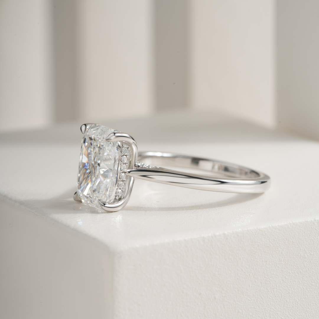 Cushion 3.04CT E VVS2 Mallory Petite Bridge Pave And Hidden Halo Ring