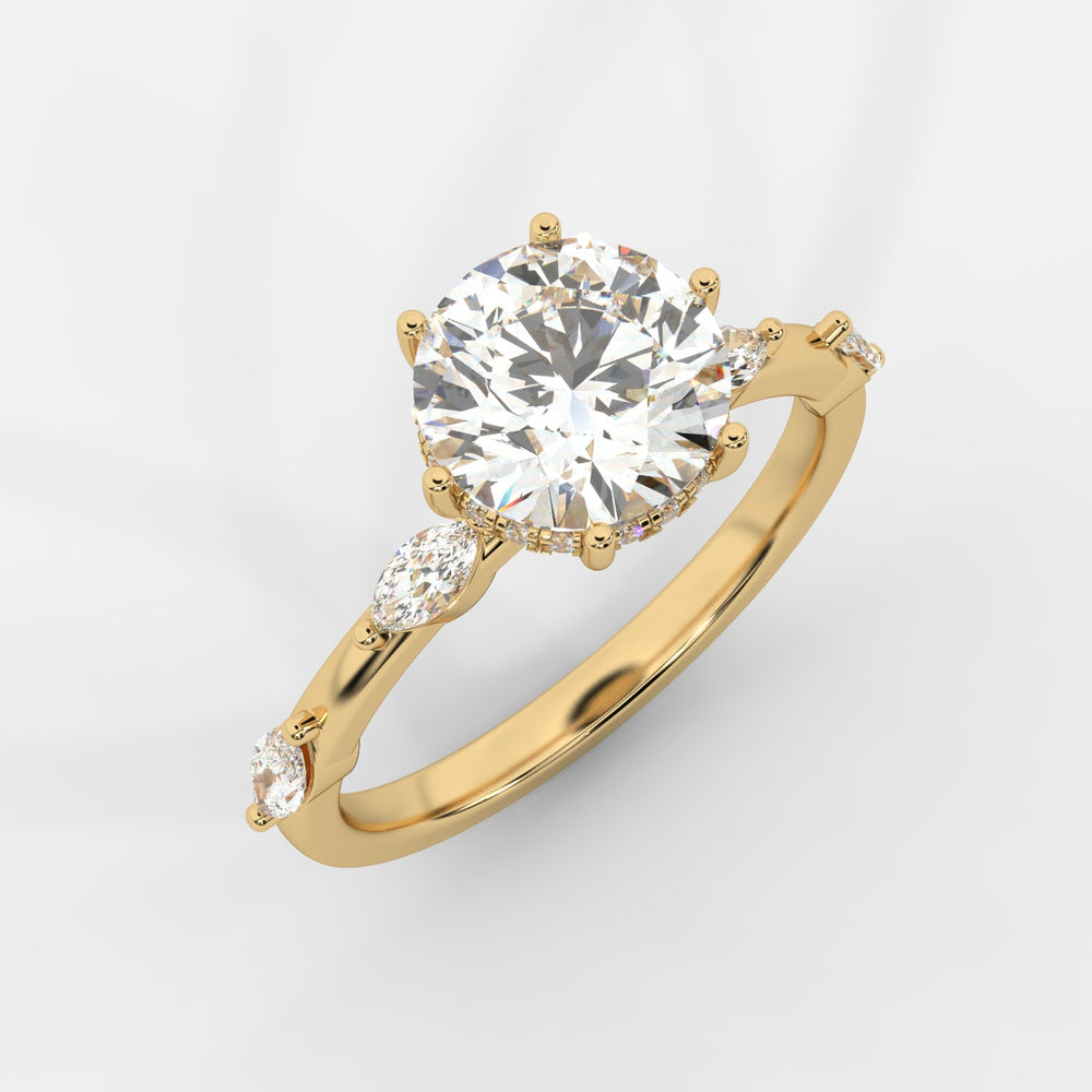 A side view of a gold engagement ring showcasing the elevated round lab-grown diamond and hidden halo design with marquise-cut lab-grown diamonds on the band.