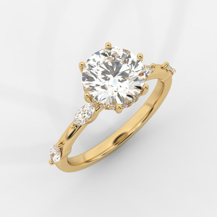 A side view of a gold engagement ring showcasing the elevated round lab-grown diamond and hidden halo design with marquise-cut lab-grown diamonds on the band.