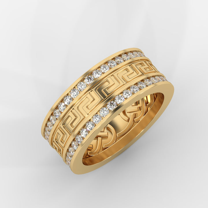 Gold Greek Key band with diamond accents featuring two rows of pave-set round-cut diamonds and a bold geometric Greek Key design.