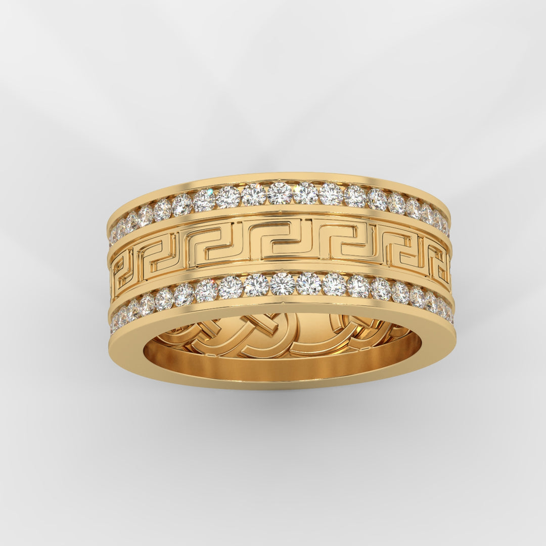 front view of a Gold Greek Key band with diamond accents featuring two rows of pave-set round-cut diamonds and a bold geometric Greek Key design