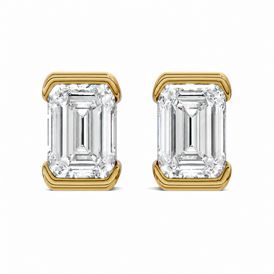Emerald Cut Half Bezel Stud Earrings