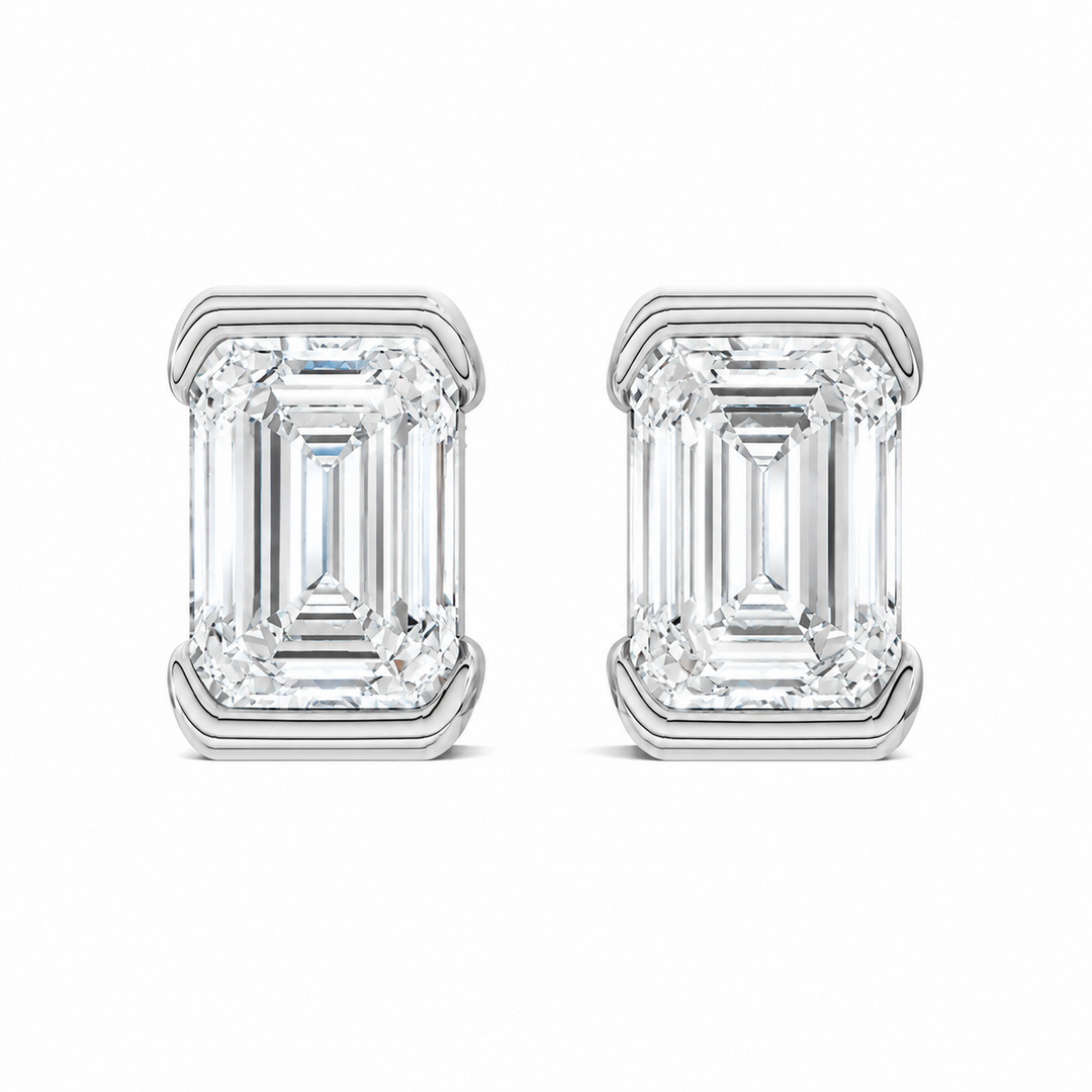Emerald Cut Half Bezel Stud Earrings