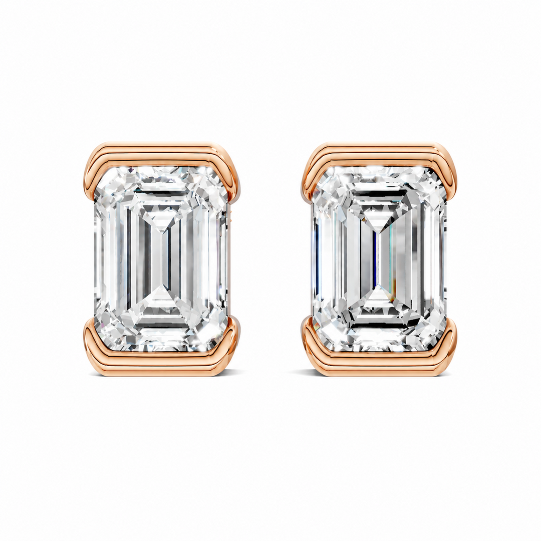 Emerald Cut Half Bezel Stud Earrings