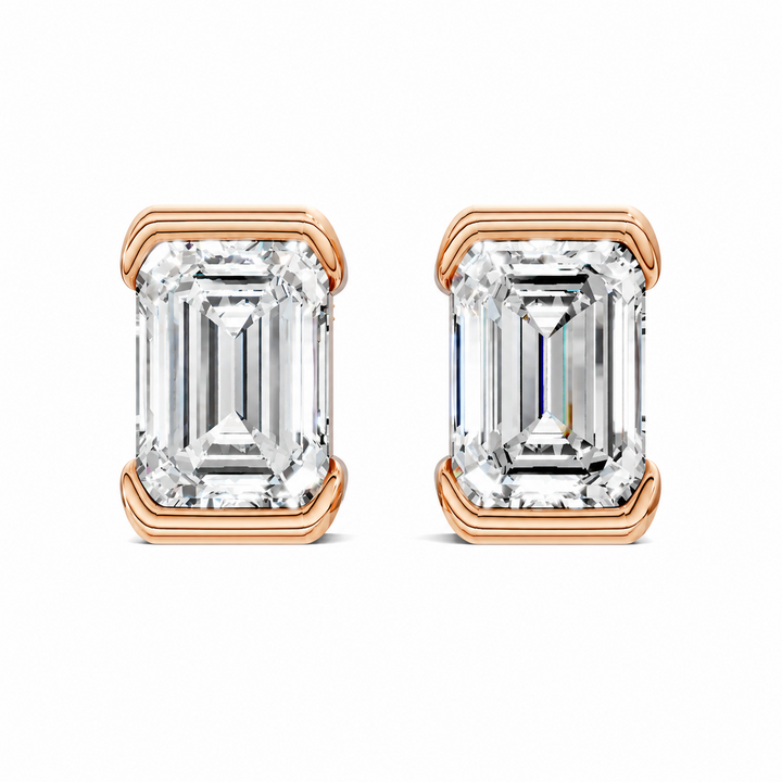 Emerald Cut Half Bezel Stud Earrings