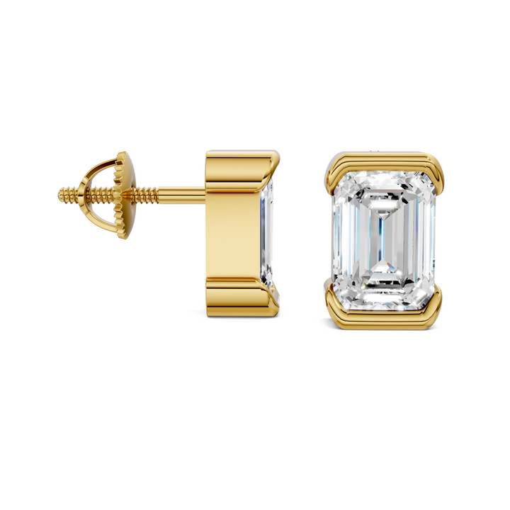 Emerald Cut Half Bezel Stud Earrings