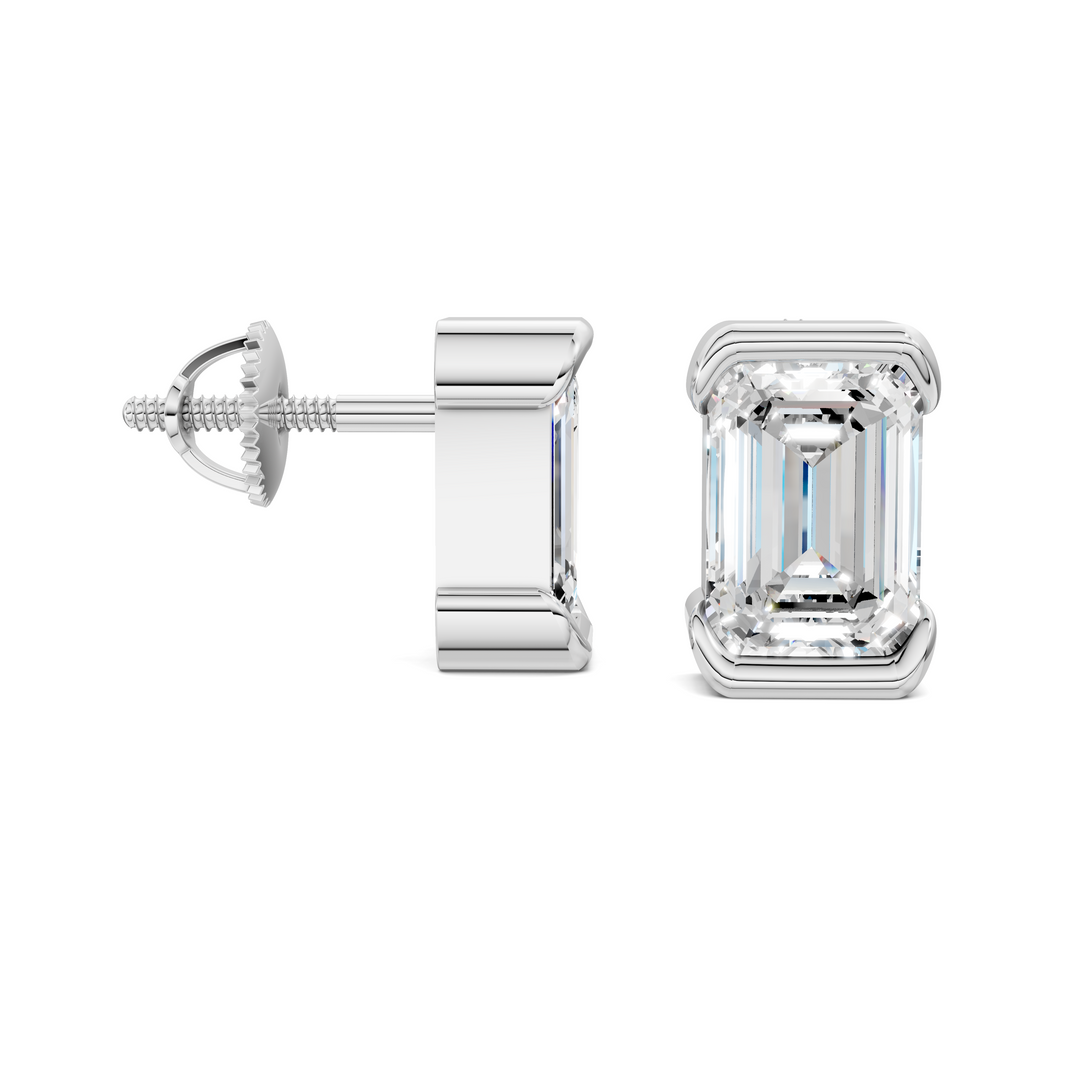 Emerald Cut Half Bezel Stud Earrings