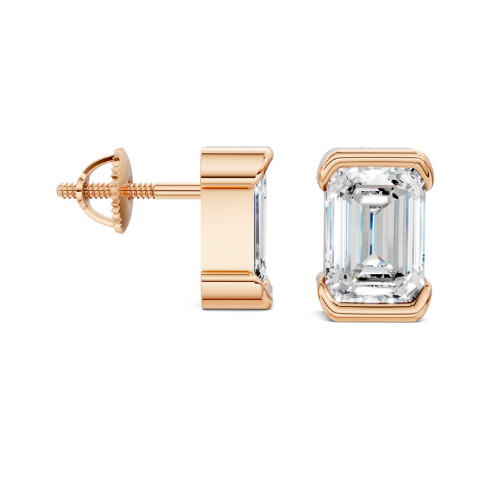 Emerald Cut Half Bezel Stud Earrings