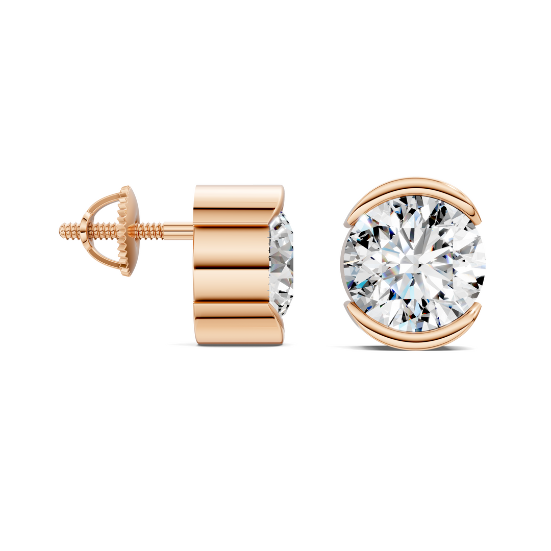 Round Cut Half Bezel Stud Earrings