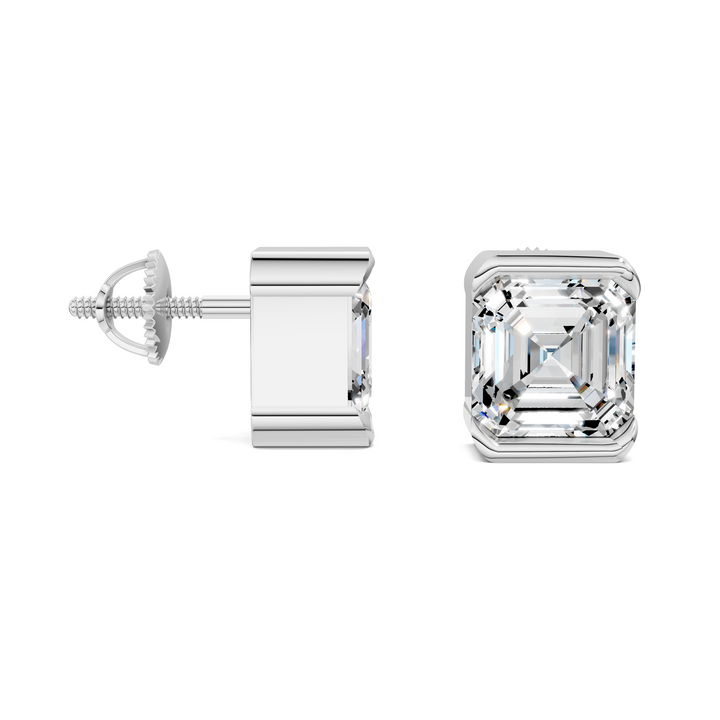 Asscher Cut Half Bezel Stud Earrings