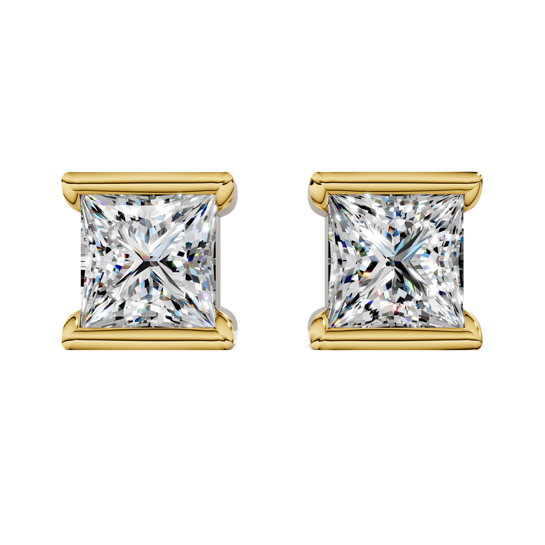 Princess Cut Half Bezel Stud Earrings