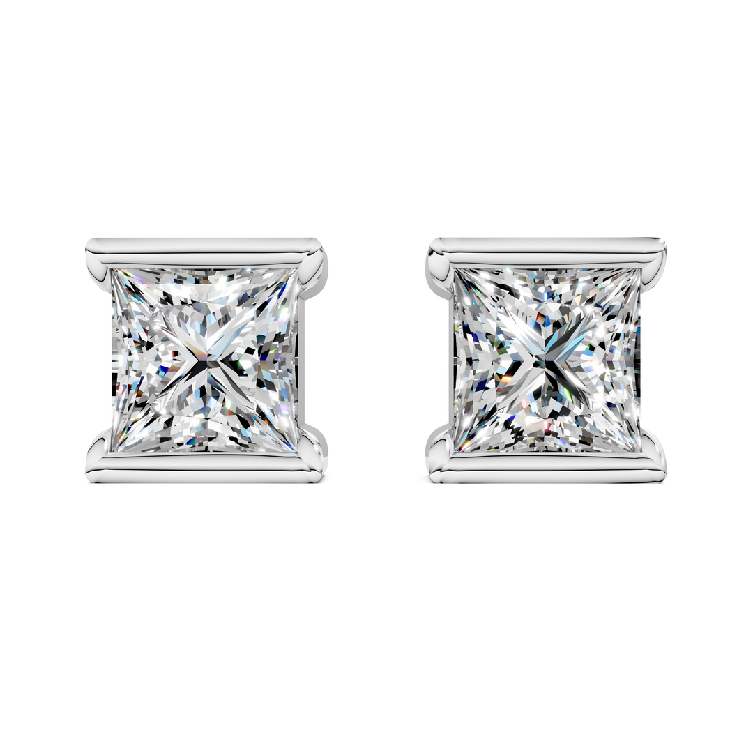 Princess Cut Half Bezel Stud Earrings