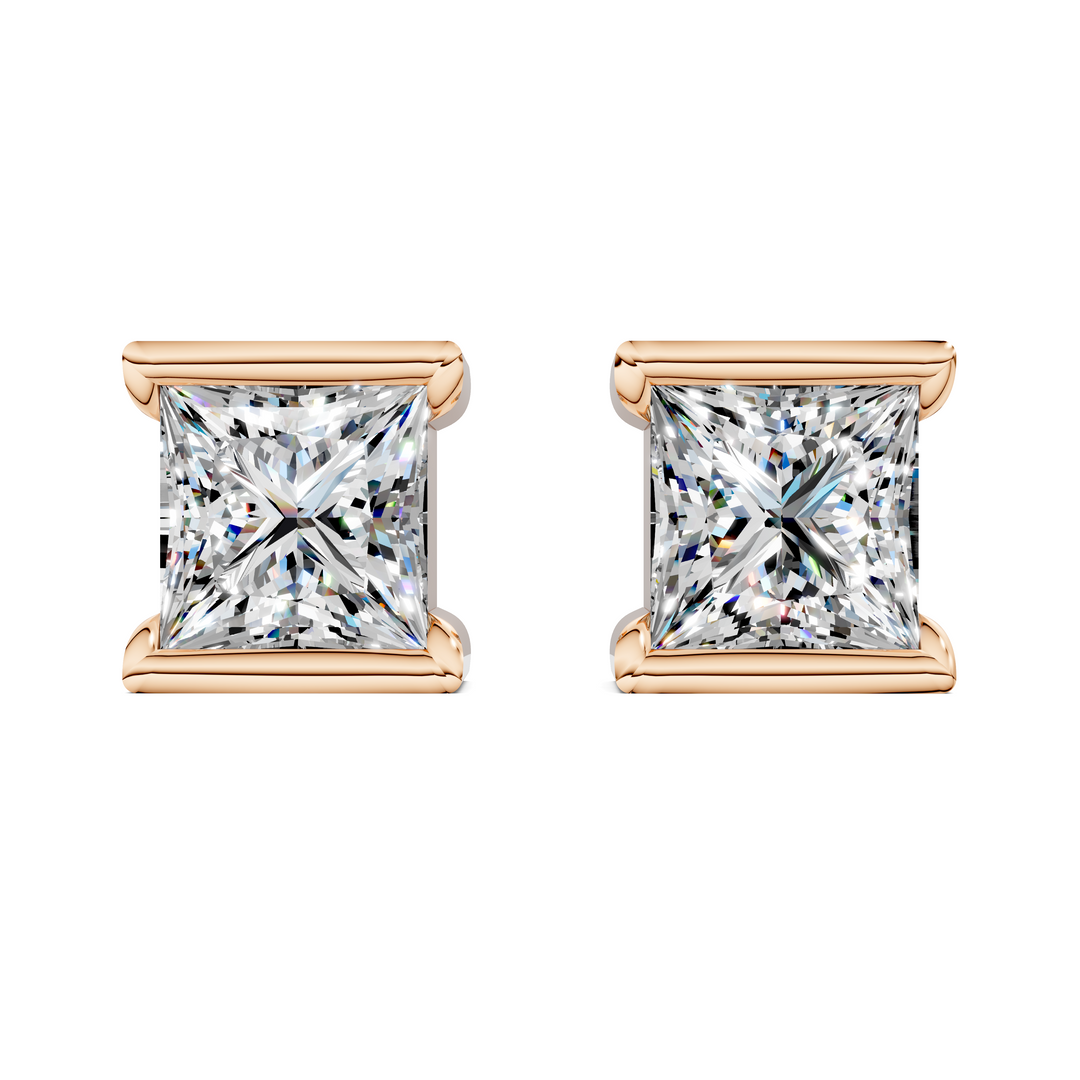 Princess Cut Half Bezel Stud Earrings