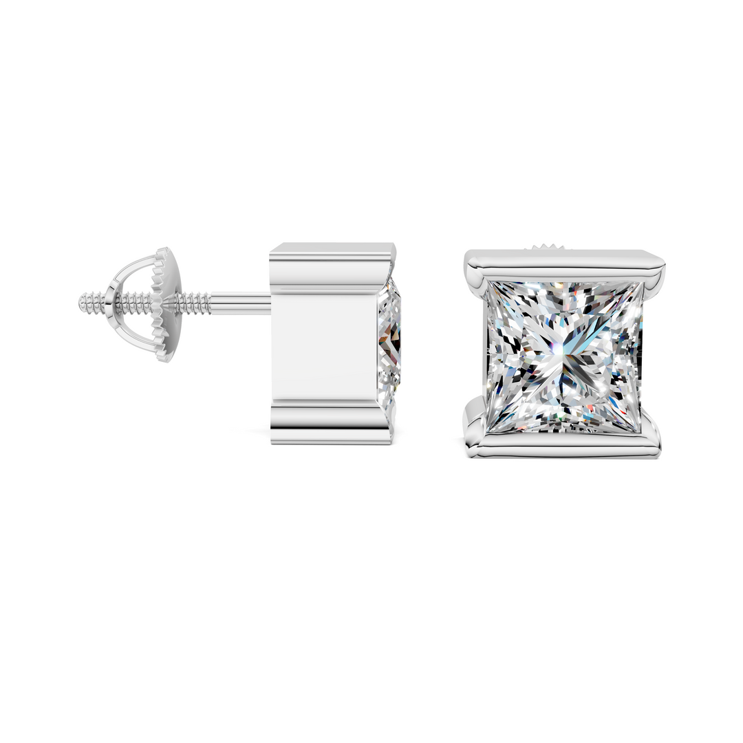 Princess Cut Half Bezel Stud Earrings