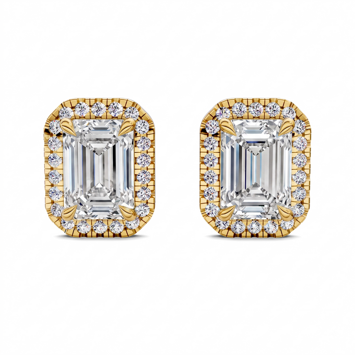 Emerald Cut Halo Martini Stud Earrings