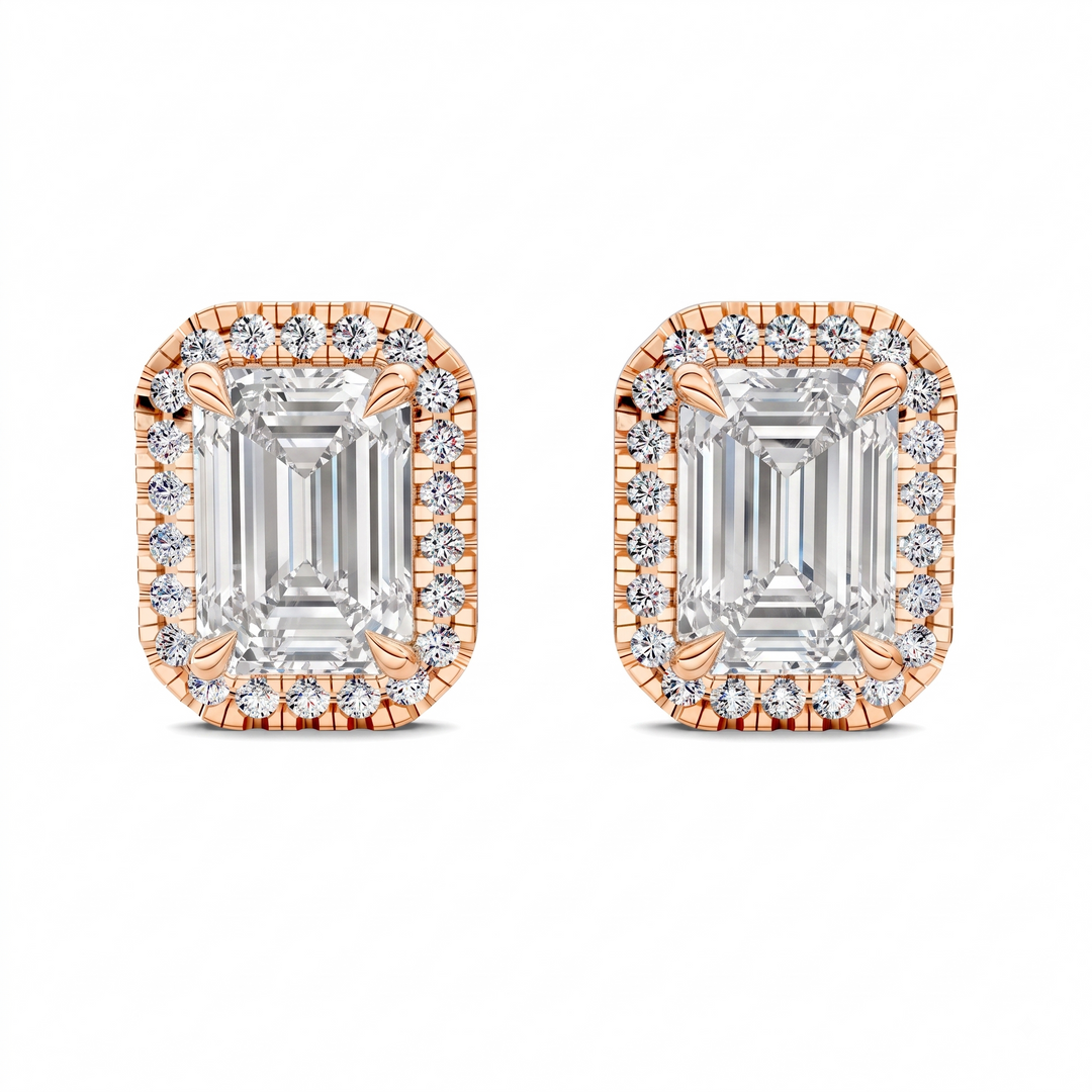 Emerald Cut Halo Martini Stud Earrings