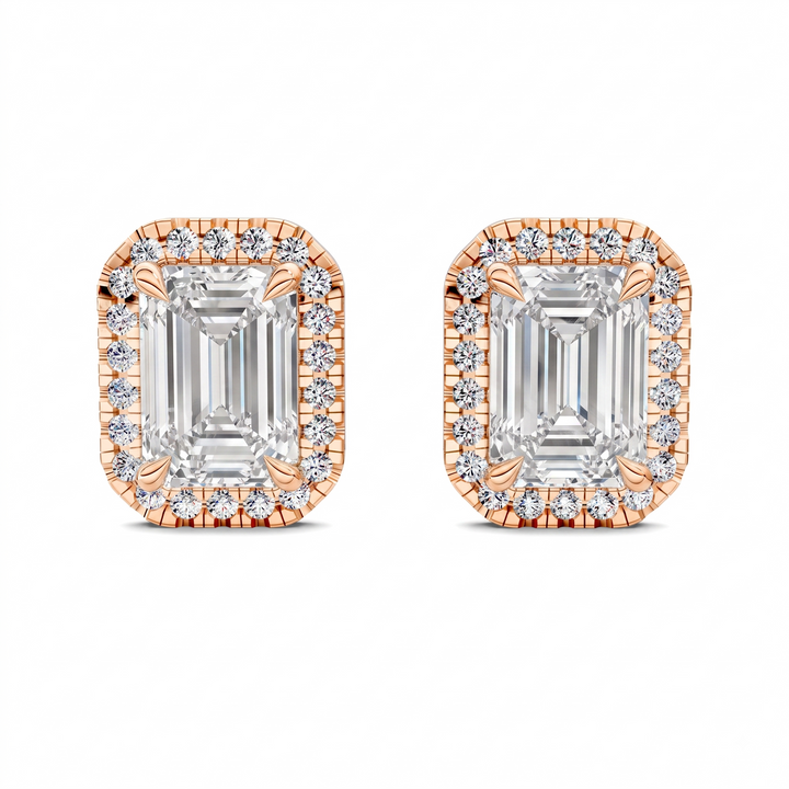 Emerald Cut Halo Martini Stud Earrings