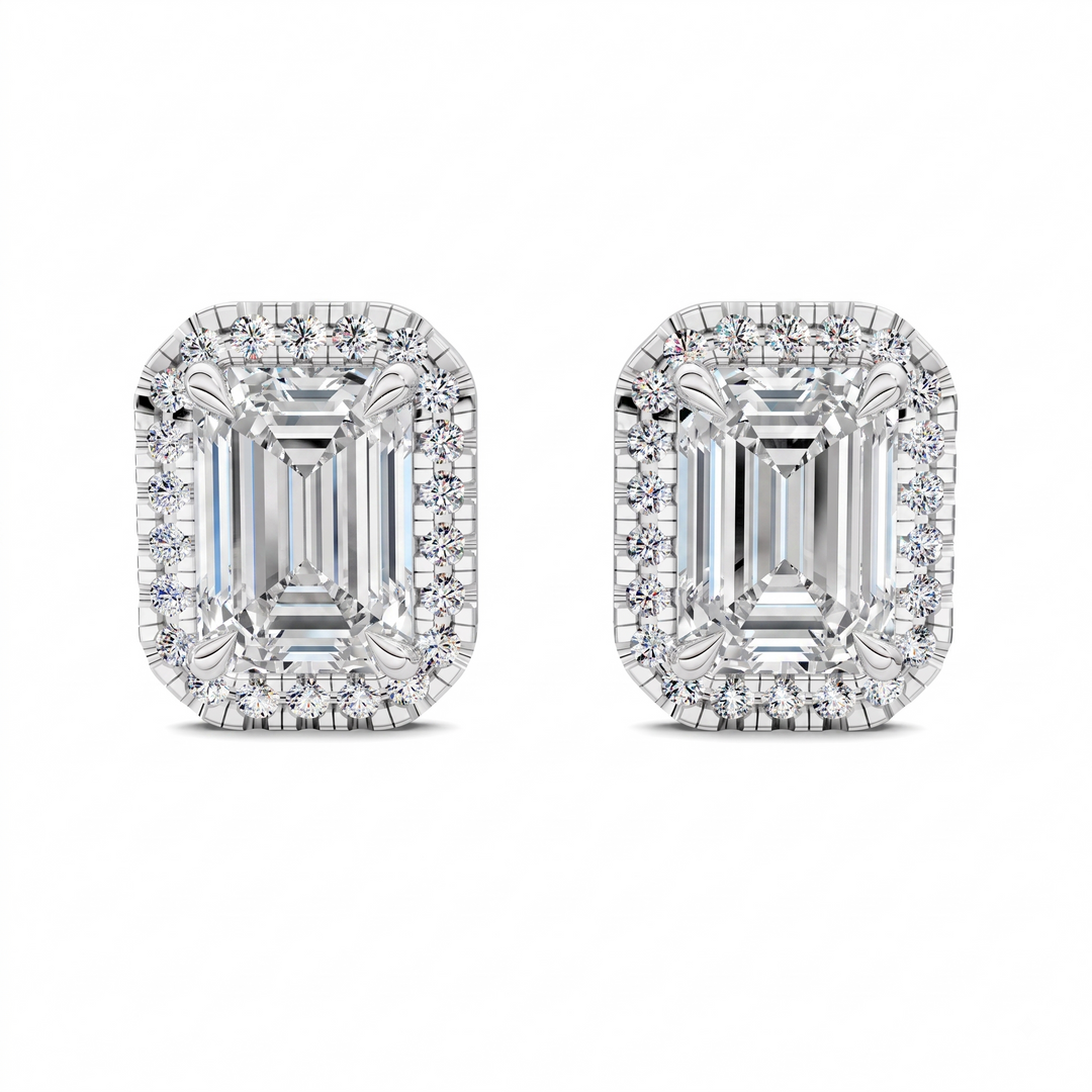 Emerald Cut Halo Martini Stud Earrings