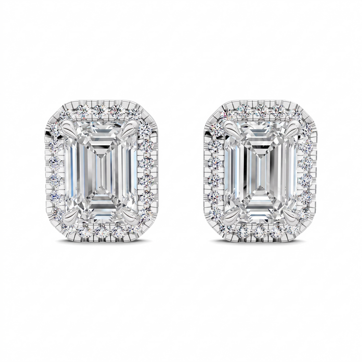 Emerald Cut Halo Martini Stud Earrings