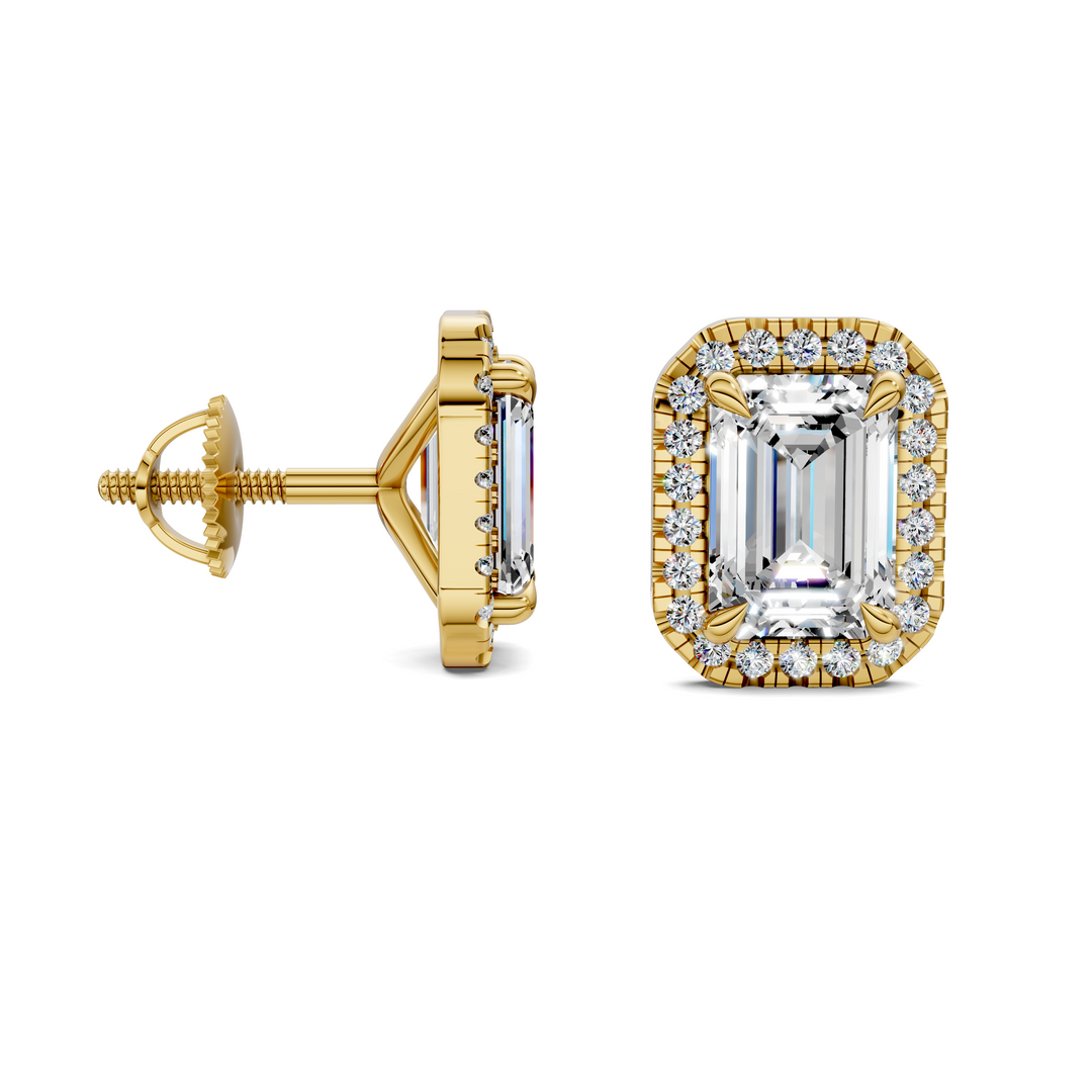 Emerald Cut Halo Martini Stud Earrings