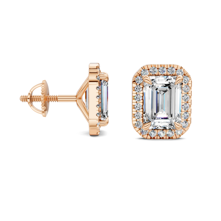 Emerald Cut Halo Martini Stud Earrings