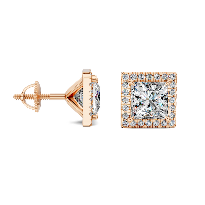 Princess Cut Halo Martini Stud Earrings