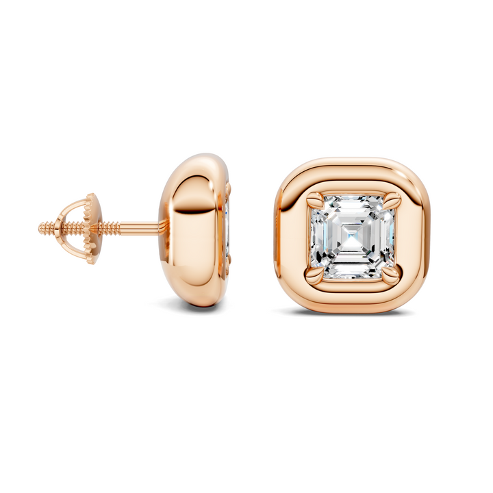 Asscher Cut Puffy Bezel Stud Earrings