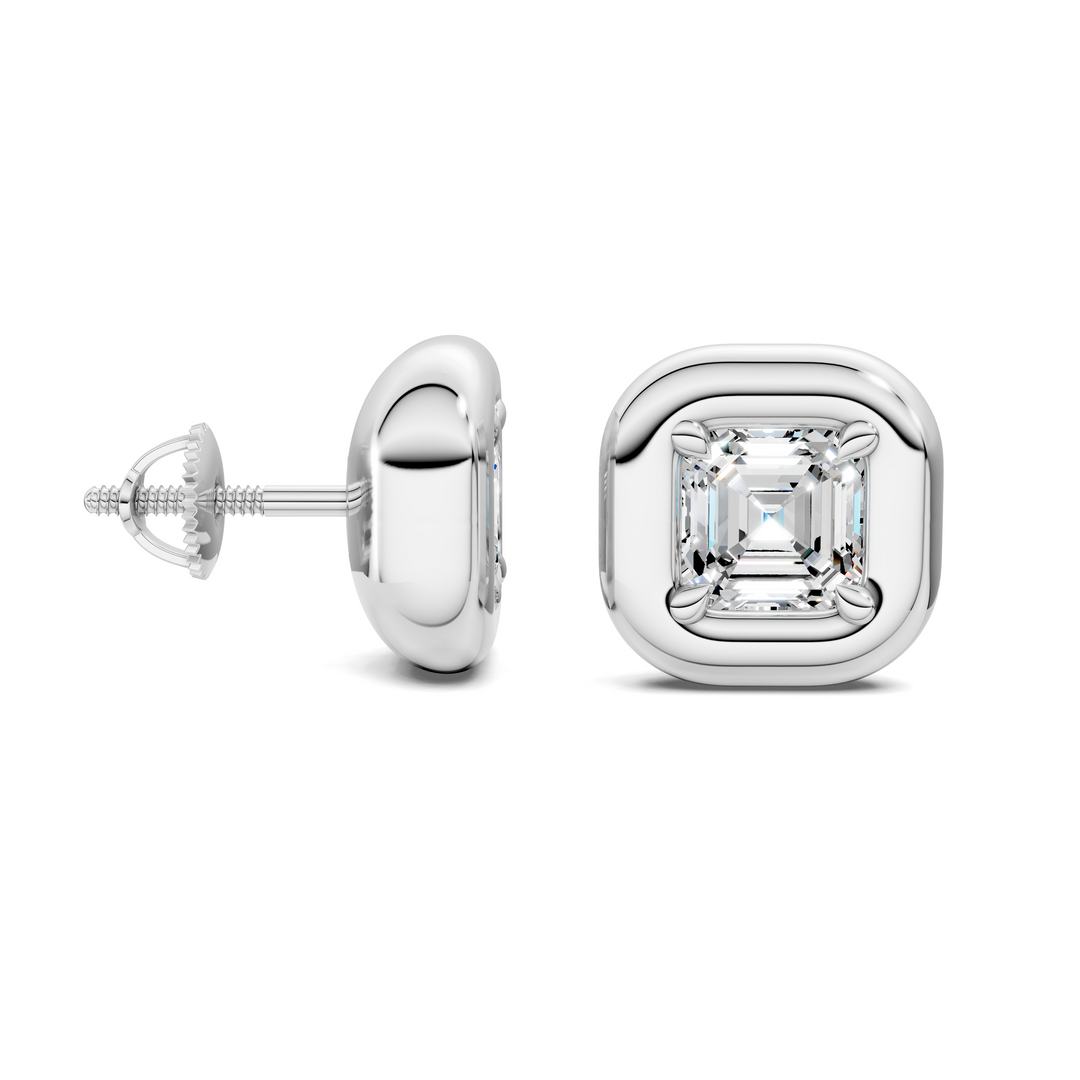 Asscher Cut Puffy Bezel Stud Earrings