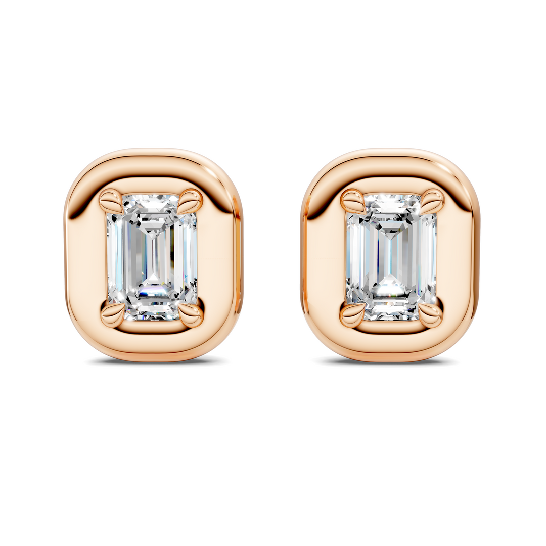 Emerald Cut Puffy Bezel Stud Earrings