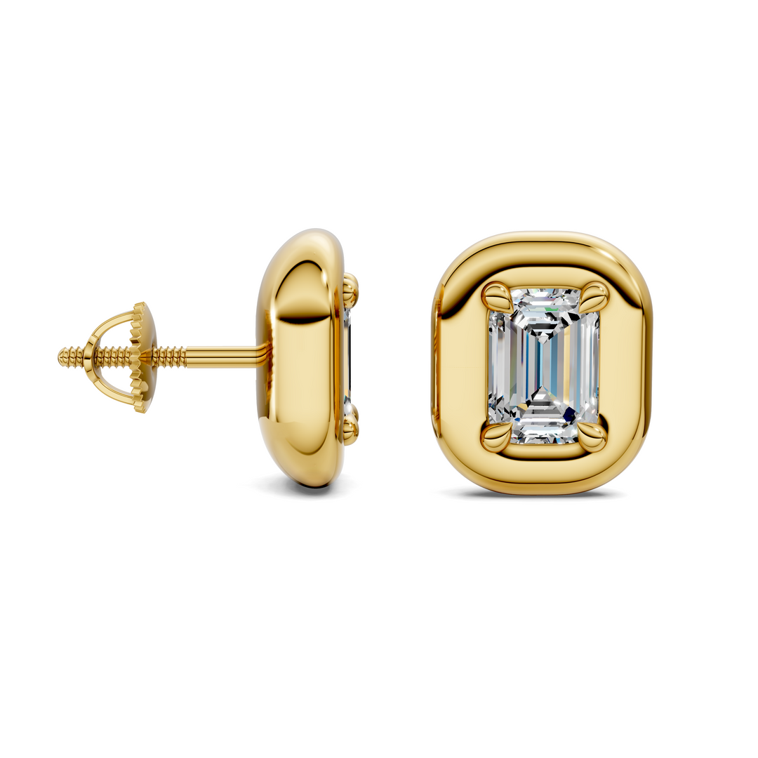 Emerald Cut Puffy Bezel Stud Earrings