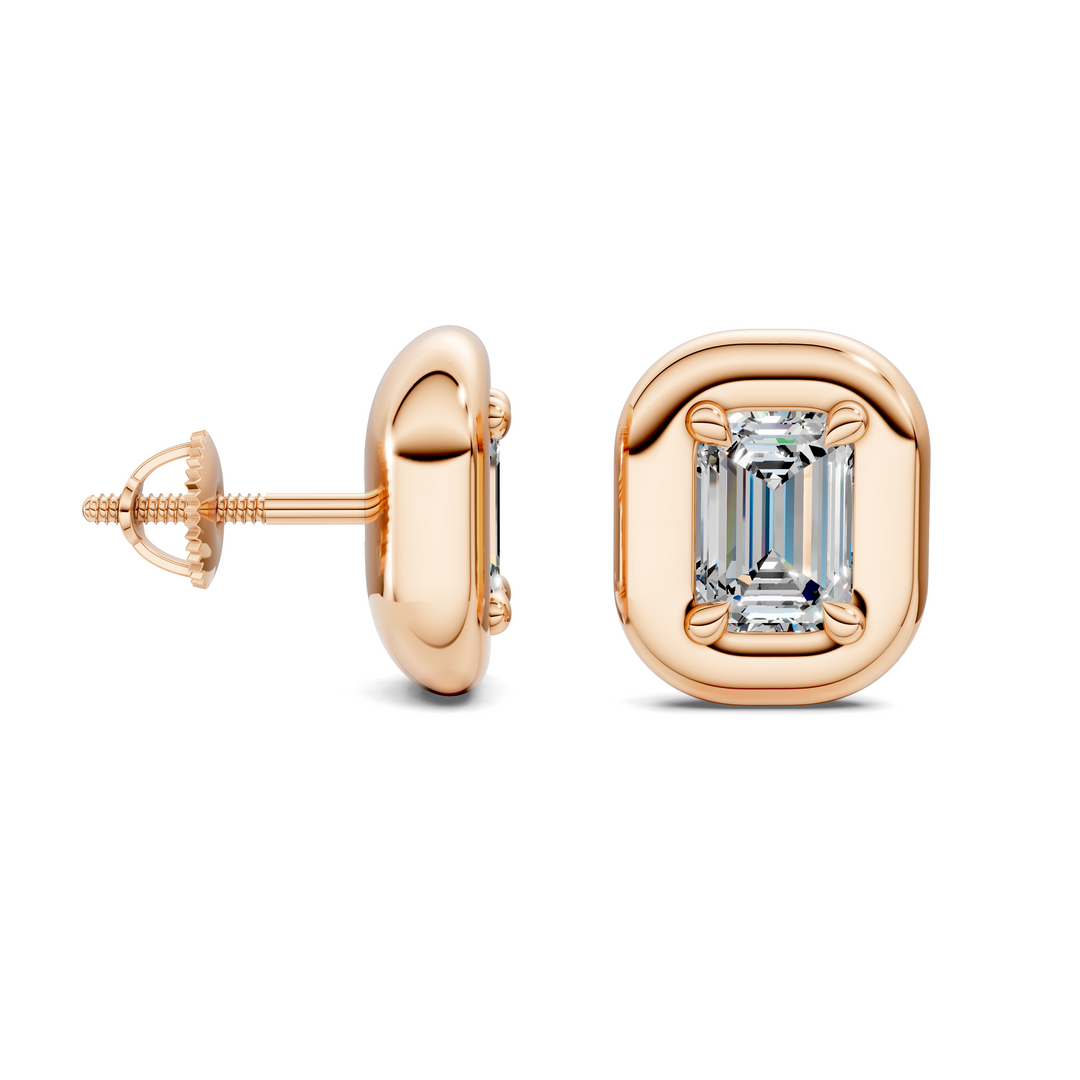 Emerald Cut Puffy Bezel Stud Earrings