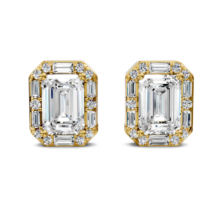 Emerald Cut Round and Baguette Halo Stud Earrings
