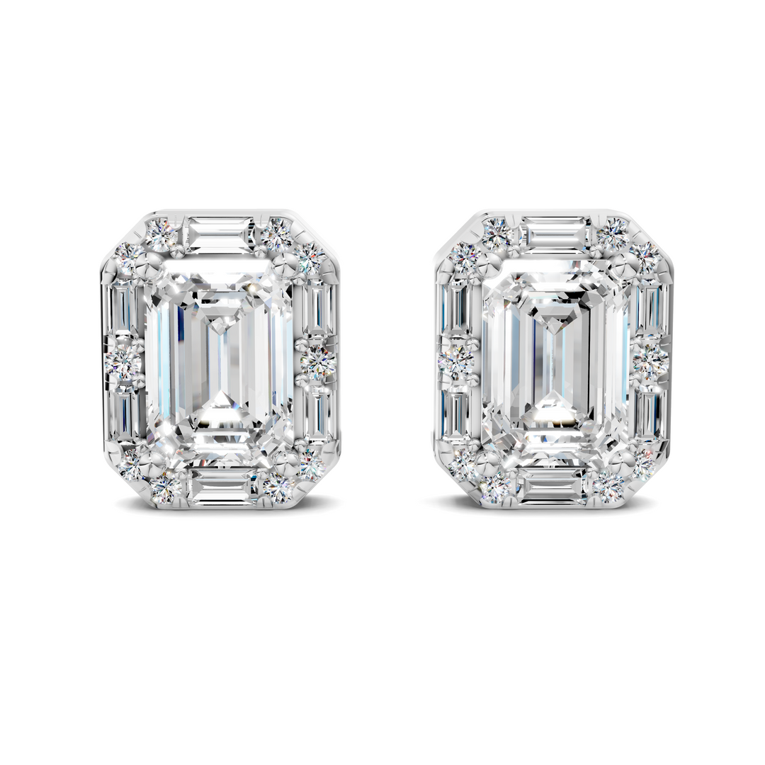 Emerald Cut Round and Baguette Halo Stud Earrings