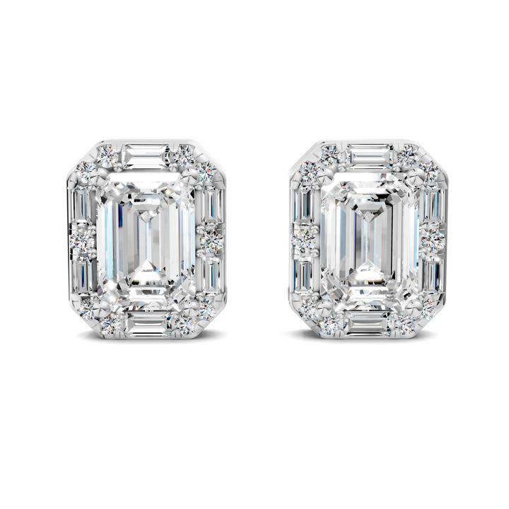 Emerald Cut Round and Baguette Halo Stud Earrings