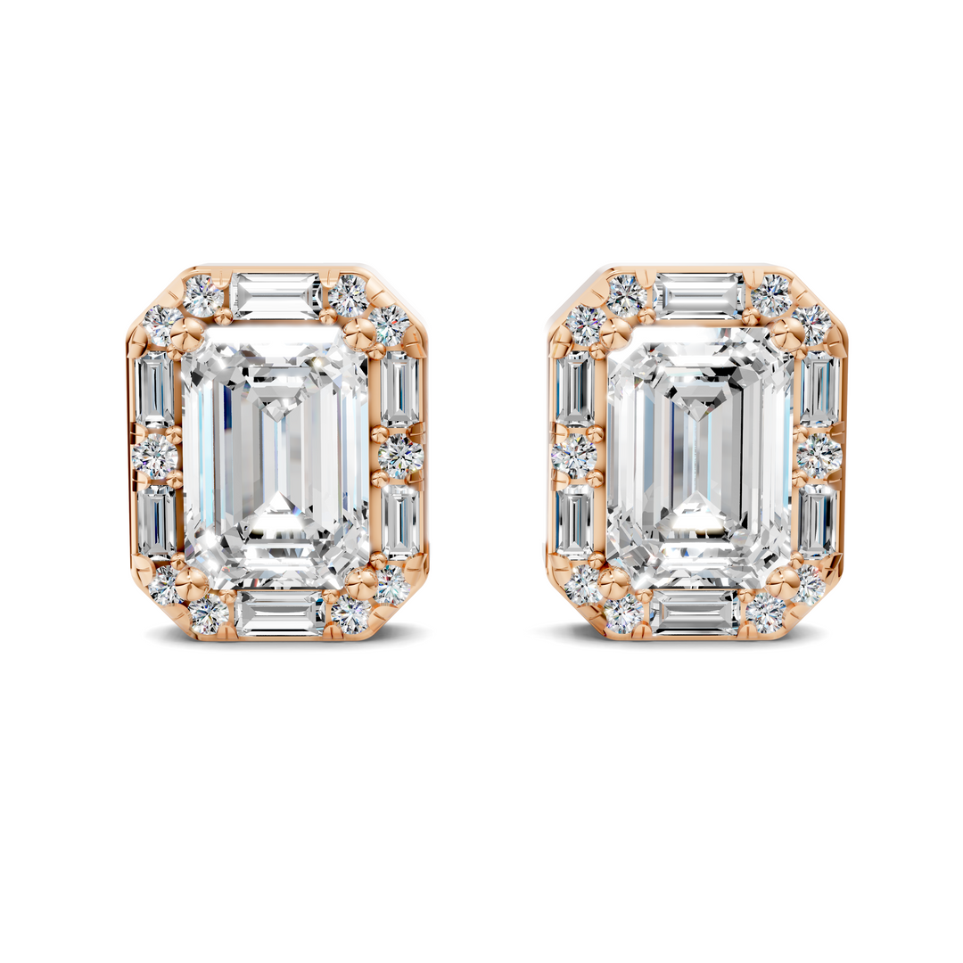 Emerald Cut Round and Baguette Halo Stud Earrings