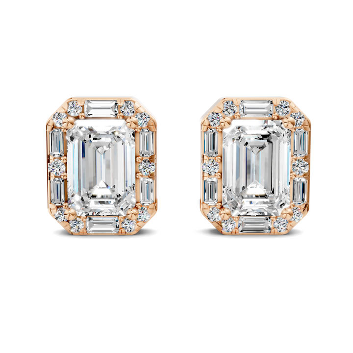 Emerald Cut Round and Baguette Halo Stud Earrings