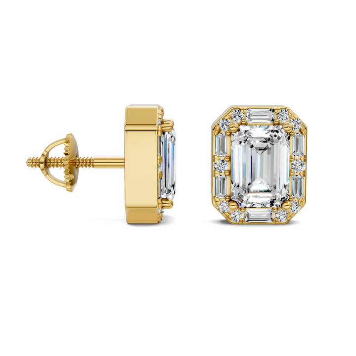 Emerald Cut Round and Baguette Halo Stud Earrings