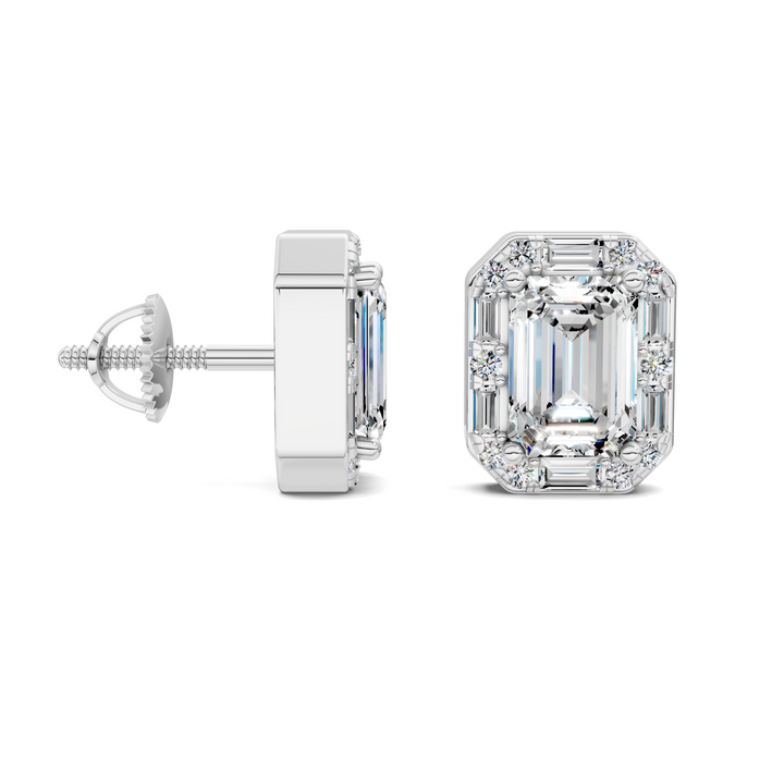 Emerald Cut Round and Baguette Halo Stud Earrings