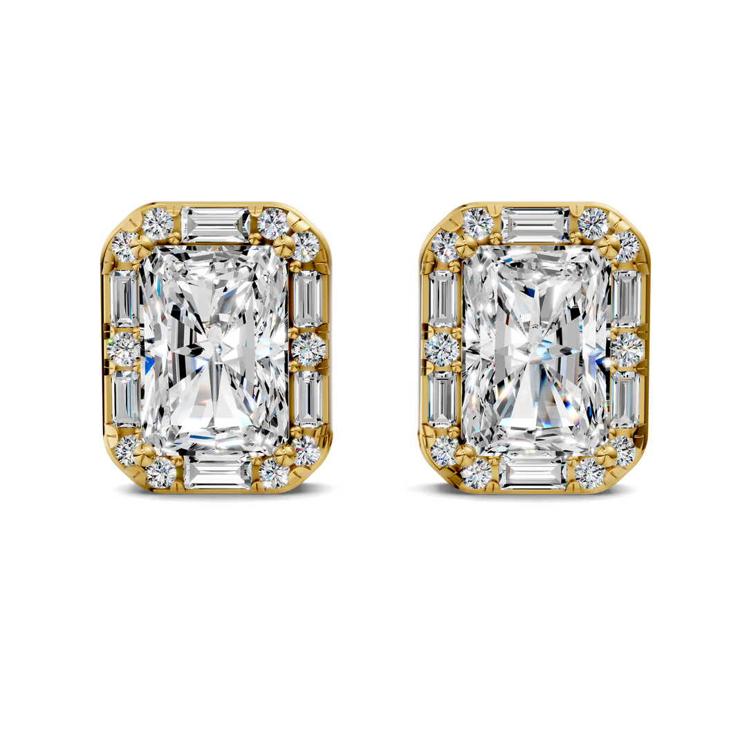 Radiant Cut Round and Baguette Halo Stud Earrings