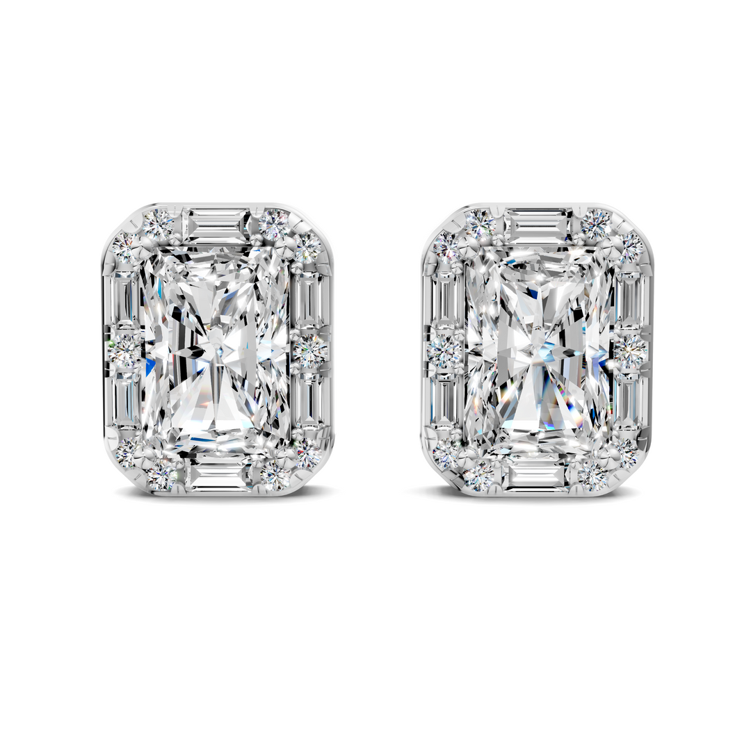 Radiant Cut Round and Baguette Halo Stud Earrings
