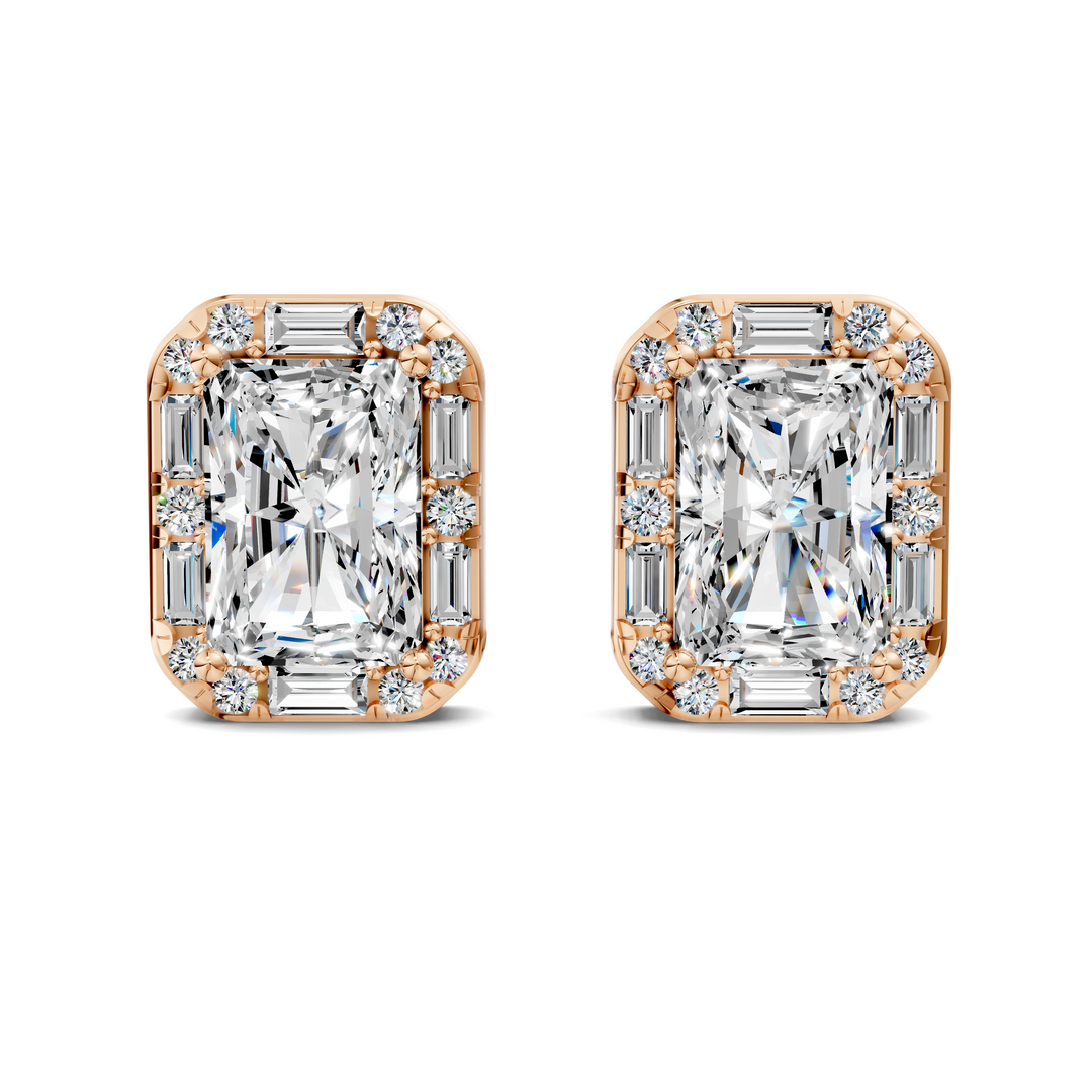 Radiant Cut Round and Baguette Halo Stud Earrings