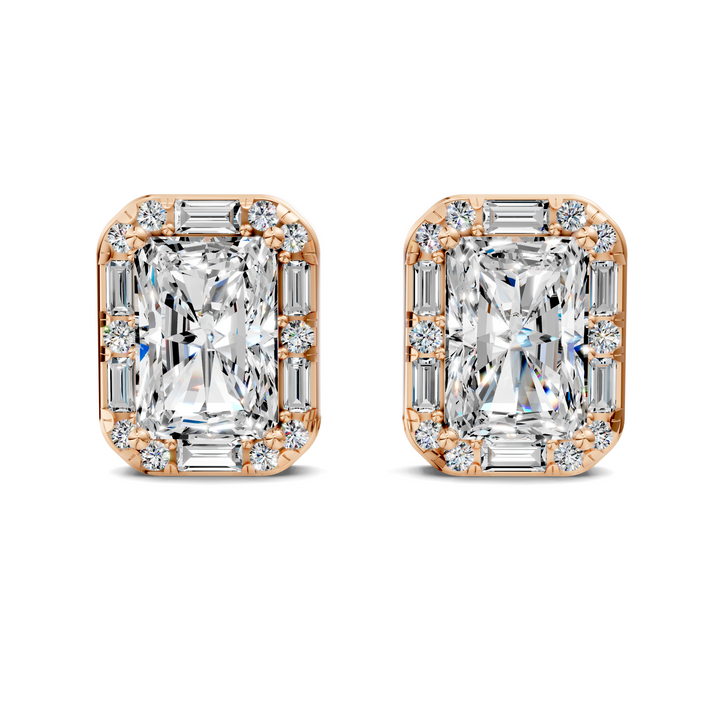 Radiant Cut Round and Baguette Halo Stud Earrings