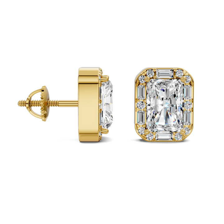 Radiant Cut Round and Baguette Halo Stud Earrings