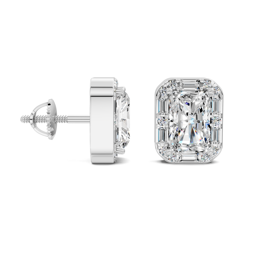 Radiant Cut Round and Baguette Halo Stud Earrings