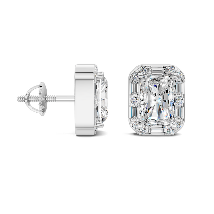 Radiant Cut Round and Baguette Halo Stud Earrings